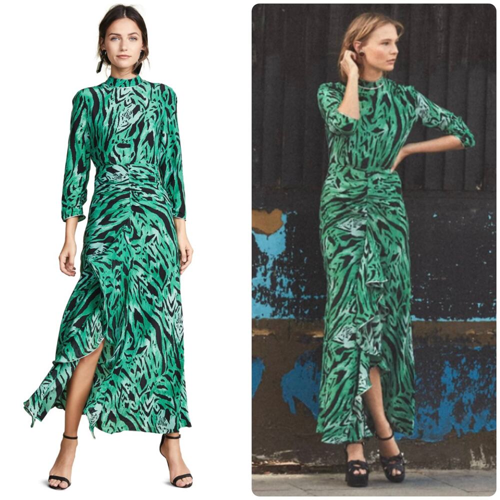 Rixo London Lucy Midi Dress In Tiger Stripe Green High Neck Size XS Silk